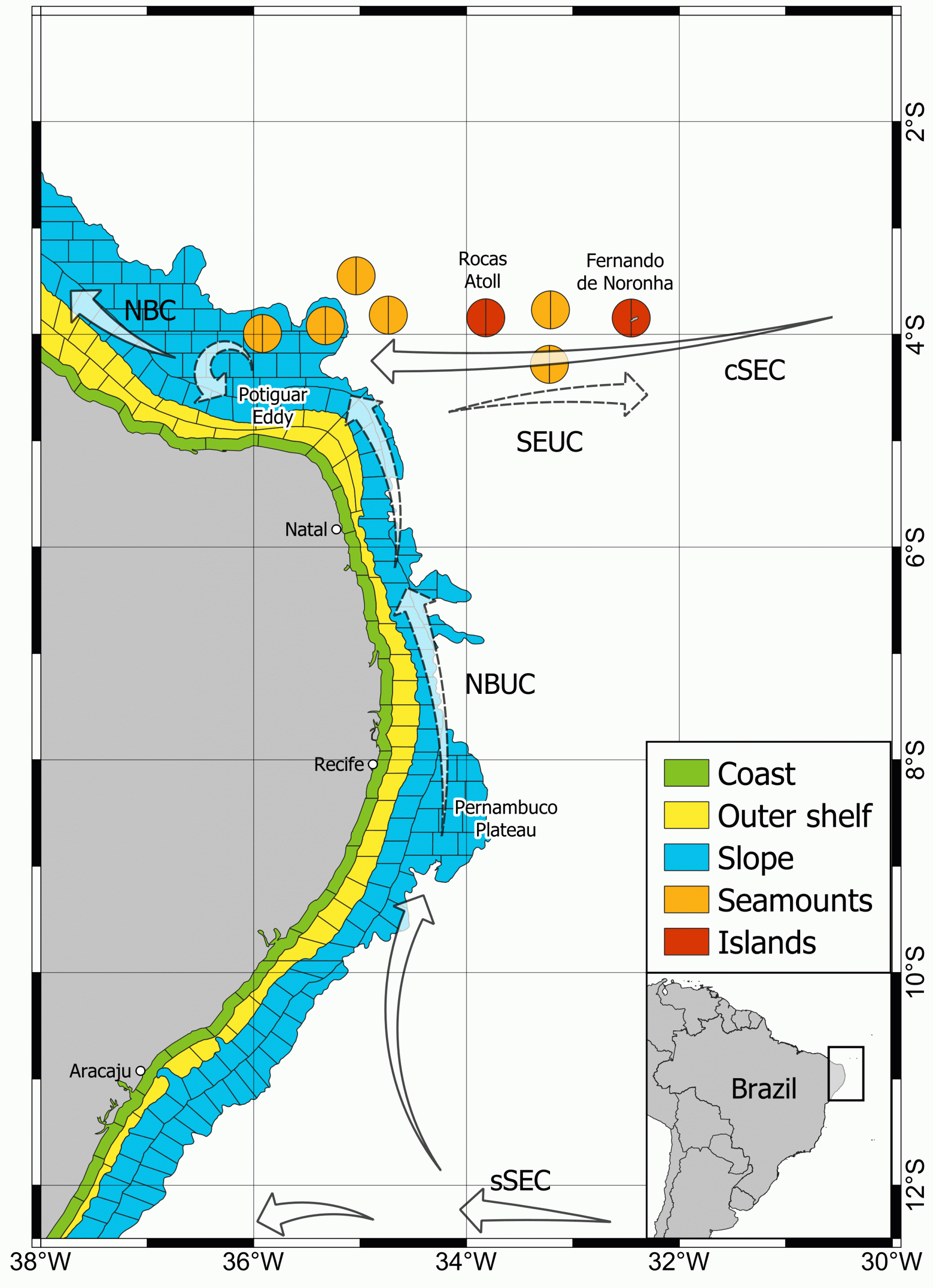 Processed outputs from a community based Lagrangian dispersal simulation in the Tropical Southwestern Atlantic